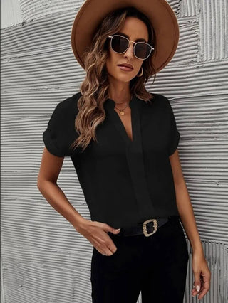 Darcy | Women’s V-Neck Short-Sleeve Casual Blouse with Cuffed Sleeves