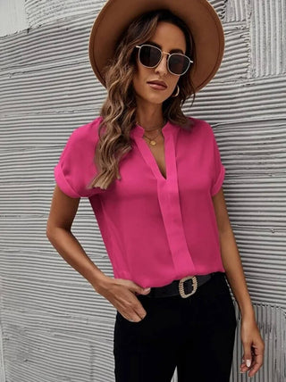 Darcy | Women’s V-Neck Short-Sleeve Casual Blouse with Cuffed Sleeves