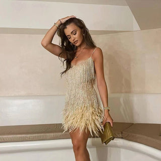 Jamie | Women's White Sequined V-Neck Mini Dress with Tassel Fringe Body and Feather Trim Hemline