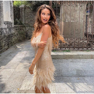Jamie | Women's White Sequined V-Neck Mini Dress with Tassel Fringe Body and Feather Trim Hemline
