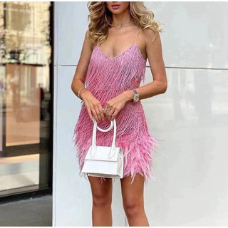Jamie | Women's White Sequined V-Neck Mini Dress with Tassel Fringe Body and Feather Trim Hemline
