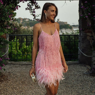 Jamie | Women's White Sequined V-Neck Mini Dress with Tassel Fringe Body and Feather Trim Hemline