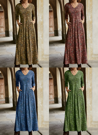 Kaida | Women’s Long Sleeve Maxi Dress with ¾ Sleeves and Floral Print