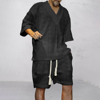 Theo | Men’s Two-Piece Knitted Leisure Set with V-Neck Collar Top and Matching Shorts
