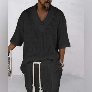 Theo | Men’s Two-Piece Knitted Leisure Set with V-Neck Collar Top and Matching Shorts