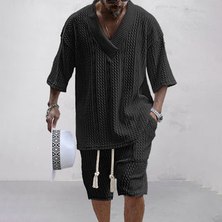 Theo | Men’s Two-Piece Knitted Leisure Set with V-Neck Collar Top and Matching Shorts