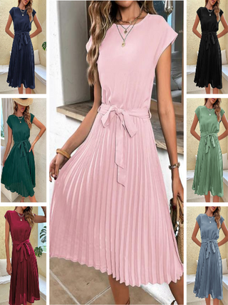 Camile | Women's Short Sleeve A-Line Pleated Midi Dress