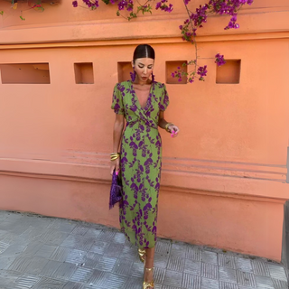 Leah | Women's Floral Print V-Neck Midi Dress with Puffed Sleeves