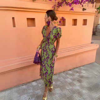 Leah | Women's Floral Print V-Neck Midi Dress with Puffed Sleeves