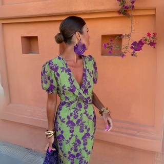 Leah | Women's Floral Print V-Neck Midi Dress with Puffed Sleeves