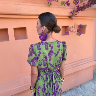 Leah | Women's Floral Print V-Neck Midi Dress with Puffed Sleeves