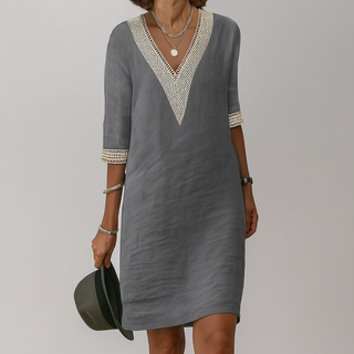Liana | Women’s V-Neck Midi Dress with 3/4 Length Lace-Trimmed Sleeves
