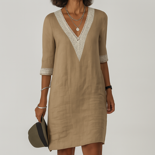 Liana | Women’s V-Neck Midi Dress with 3/4 Length Lace-Trimmed Sleeves