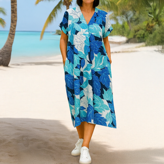 Andres | Women's Flowy Baroque Print V-Neck Dress with Short Sleeves