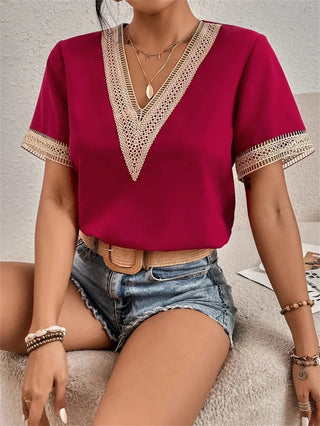 Norie | Women’s V-Neck Short Sleeve Crochet Knit Blouse with Breathable Lightweight Summer Design