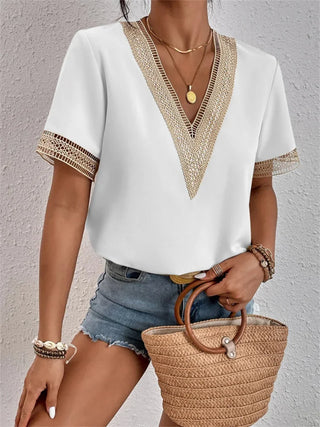 Norie | Women’s V-Neck Short Sleeve Crochet Knit Blouse with Breathable Lightweight Summer Design