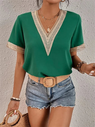 Norie | Women’s V-Neck Short Sleeve Crochet Knit Blouse with Breathable Lightweight Summer Design