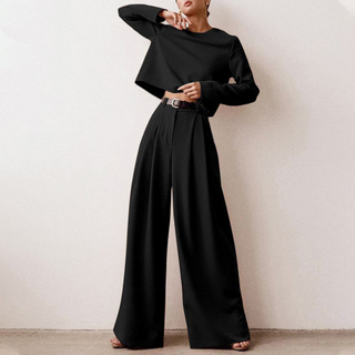 Livina | Women’s Two-Piece Set with Long-Sleeved Cropped Top and High-Waisted Wide-Leg Trousers