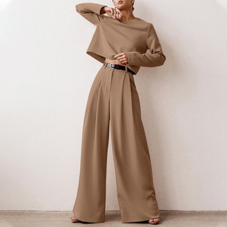 Livina | Women’s Two-Piece Set with Long-Sleeved Cropped Top and High-Waisted Wide-Leg Trousers