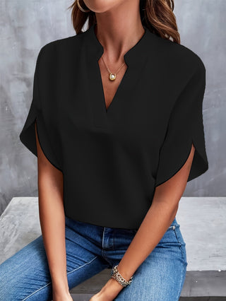 Irene | Women’s V-Neck Chiffon Top with Tulip Short Sleeves and Loose Flowing Fit