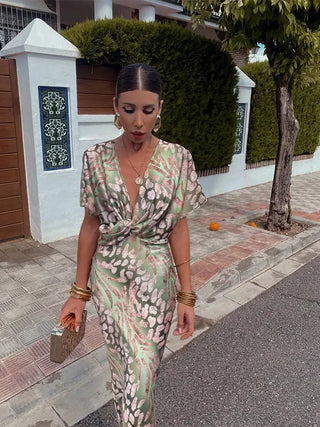 Bellene | V-Neck Twisted-Front Satin Finish Midi Maxi Dress for Women