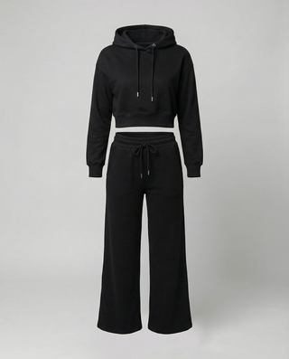 Angie | Women’s Black Crop Hoodie and Wide-Leg Trousers Loungewear Set