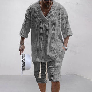 Theo | Men’s Two-Piece Knitted Leisure Set with V-Neck Collar Top and Matching Shorts