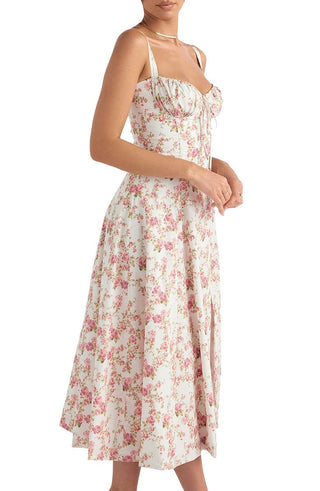 Ulrika | Women's Floral Corset Dress with Lace-Up Back and Thigh-High Side Split