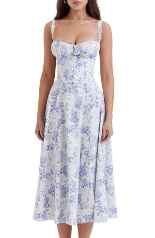 Ulrika | Women's Floral Corset Dress with Lace-Up Back and Thigh-High Side Split