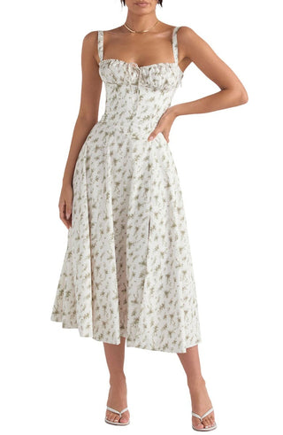 Ulrika | Women's Floral Corset Dress with Lace-Up Back and Thigh-High Side Split