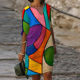 Evelina | Women’s V-Neck Abstract Mini Dress with Half Sleeves