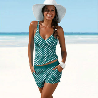 Serena | Women’s Two-Piece Polka Dot Tankini Set with Wrap-Front Top and Shorts with Pockets