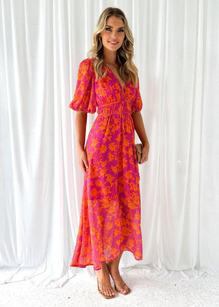 Lynda | Women's Summer Floral Midi Dress with Puff Sleeves and V-neck