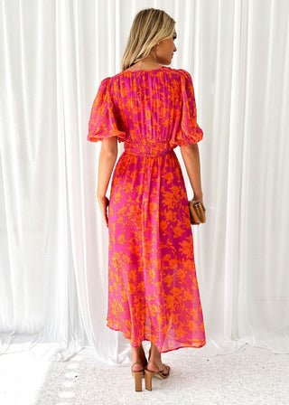 Lynda | Women's Summer Floral Midi Dress with Puff Sleeves and V-neck
