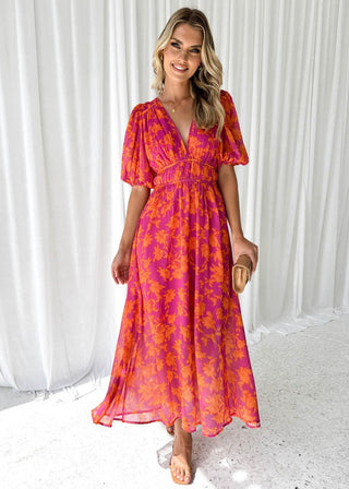 Lynda | Women's Summer Floral Midi Dress with Puff Sleeves and V-neck