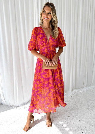 Lynda | Women's Summer Floral Midi Dress with Puff Sleeves and V-neck