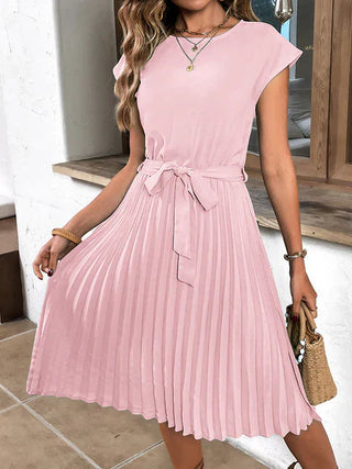 Camile | Women's Short Sleeve A-Line Pleated Midi Dress