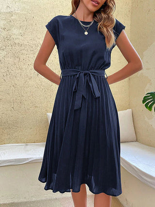 Camile | Women's Short Sleeve A-Line Pleated Midi Dress