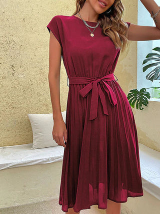Camile | Women's Short Sleeve A-Line Pleated Midi Dress