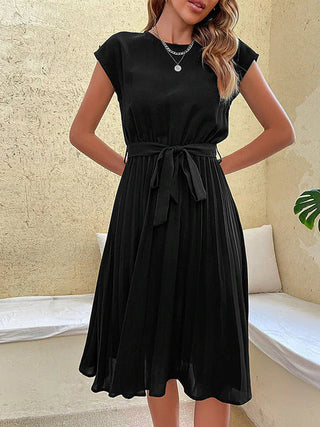 Camile | Women's Short Sleeve A-Line Pleated Midi Dress