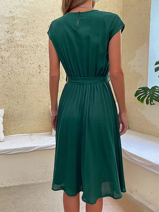 Camile | Women's Short Sleeve A-Line Pleated Midi Dress