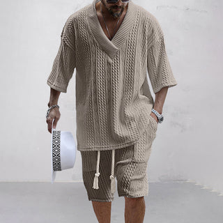 Theo | Men’s Two-Piece Knitted Leisure Set with V-Neck Collar Top and Matching Shorts