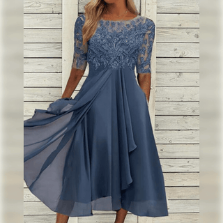Lea | Elegant Women’s Midi Dress with Lace Top, Chiffon Skirt, and ¾ Sleeves