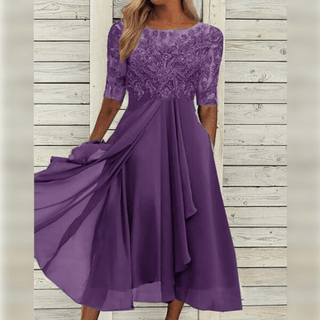 Lea | Elegant Women’s Midi Dress with Lace Top, Chiffon Skirt, and ¾ Sleeves