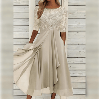 Lea | Elegant Women’s Midi Dress with Lace Top, Chiffon Skirt, and ¾ Sleeves