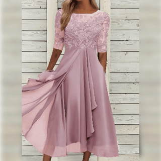 Lea | Elegant Women’s Midi Dress with Lace Top, Chiffon Skirt, and ¾ Sleeves