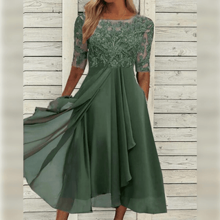 Lea | Elegant Women’s Midi Dress with Lace Top, Chiffon Skirt, and ¾ Sleeves
