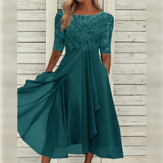 Lea | Elegant Women’s Midi Dress with Lace Top, Chiffon Skirt, and ¾ Sleeves