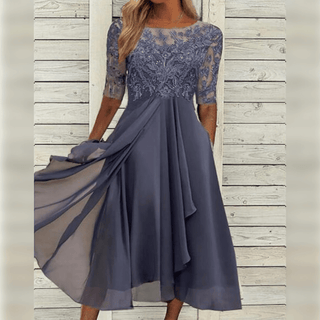 Lea | Elegant Women’s Midi Dress with Lace Top, Chiffon Skirt, and ¾ Sleeves
