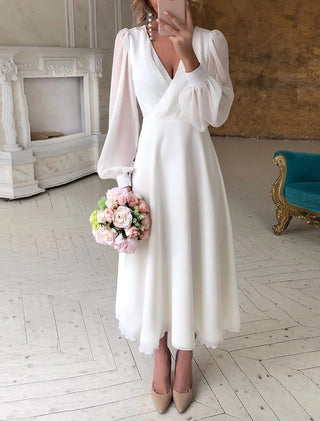 Carol | Women's Elegant White Midi Wedding Dress with Puff Sleeves and A-Line Silhouette